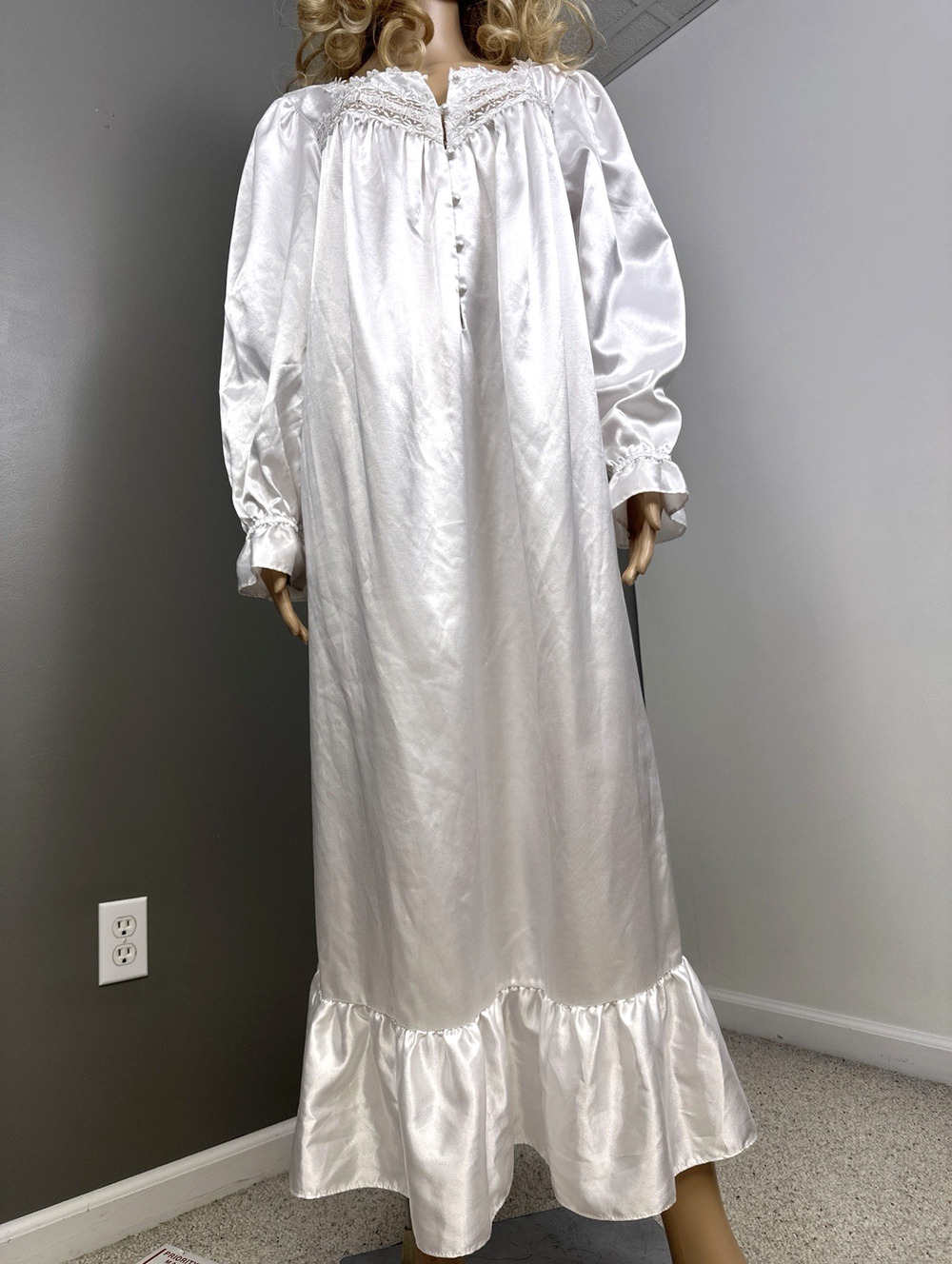 Vintage Character White Brushed Back Satin Nightgown Large Lace Ruffle Maxi